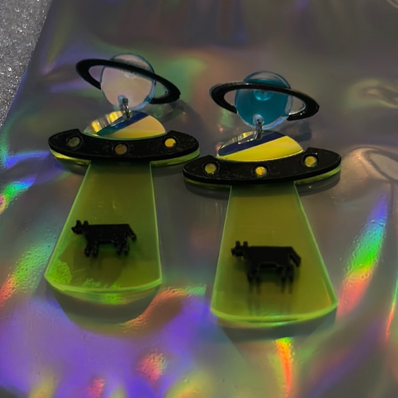 Jewelry - UFO Desert yellow blue Saturn alien cow glow cosmic Barbie earrings space rave